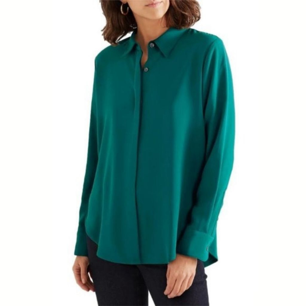 Theory Teal Green Sunaya Urban Crepe Button down Long Sleeve Shirt Top small S
